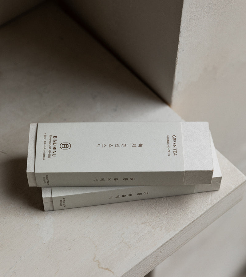 Green Tea Incense fra Binu Binu. Koreansk røkelse ved Kollekted by en interørforretning på Grunerløkka i Oslo. Bildet viser emballasjen